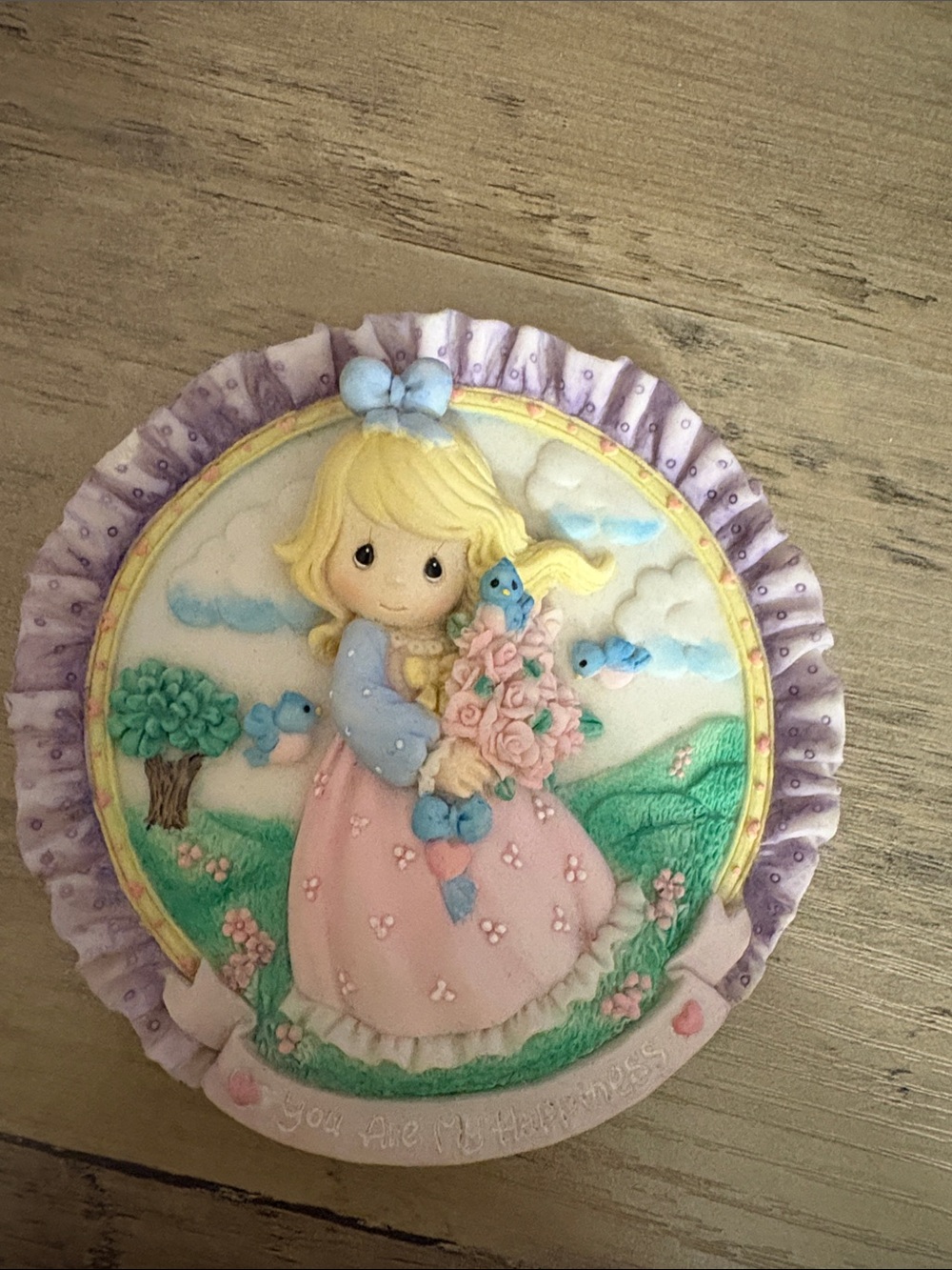 Precious Moments pastel pink and blue girl with bouquet wall plaque